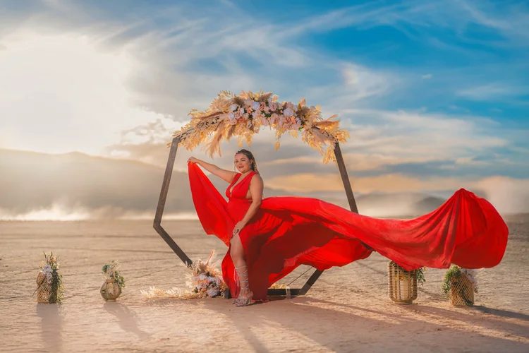 Flying dress photography, red dress at Red Rock, Las Vegas