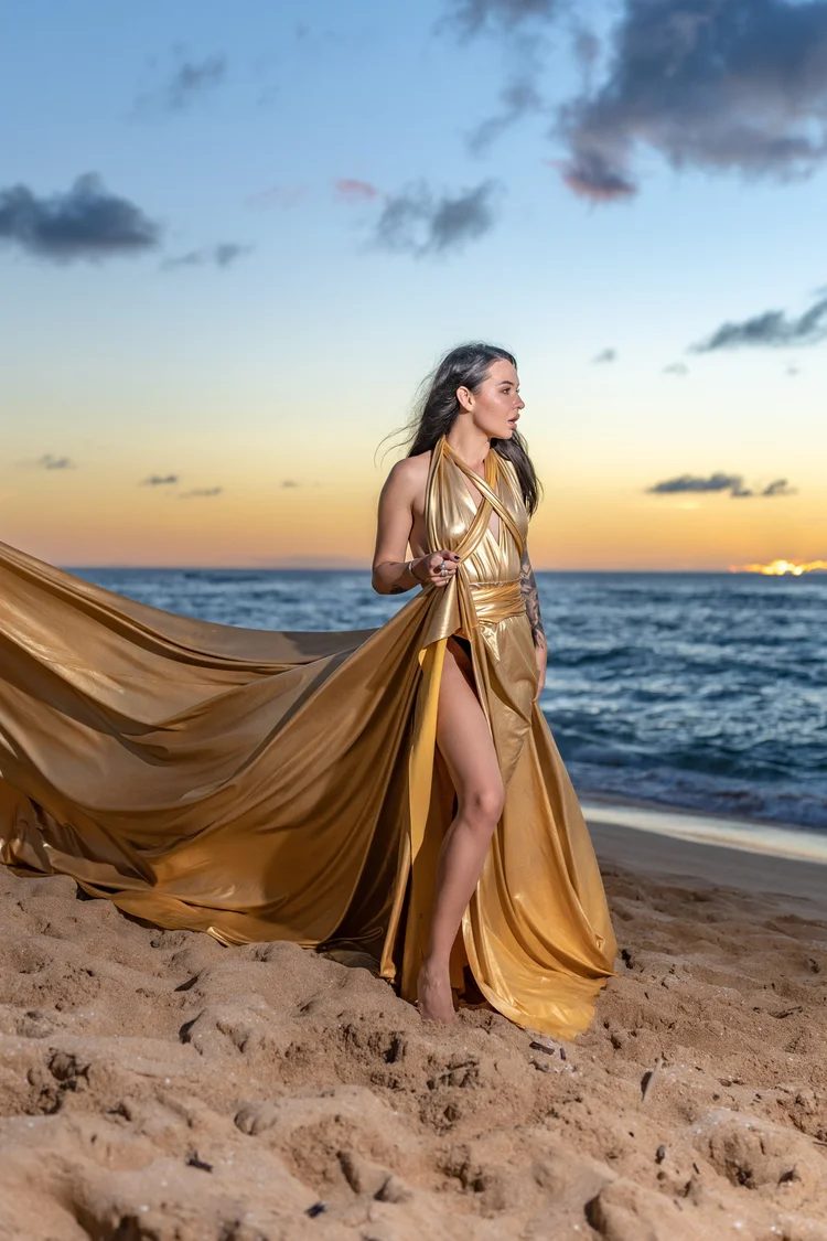 Flying dress photography, gold gown at sunset, Las Vegas